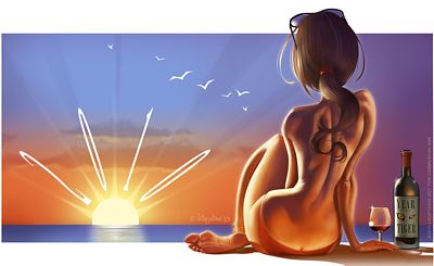 девушка перуанка с чичей на фоне моря на закате, рисунок