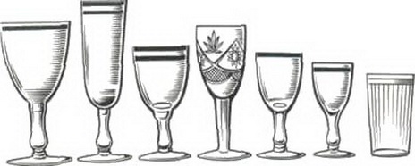Стеклянная и хрустальная посуда (слева направо): фужер, бокал для шампанского, рюмка для красного вина, рюмка для белого вина (рейнвейная) , рюмка для крепкого вина (мадерная), рюмка для водки и водочных изделий, коническая стопка для сока