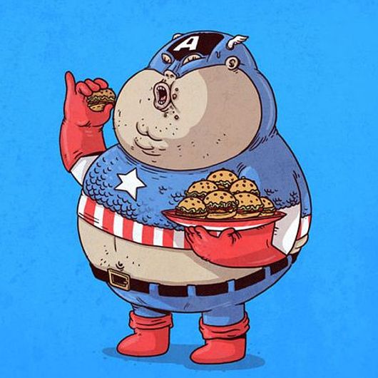 жирный супергерой Капитан Америка с подносом Биг-Маков