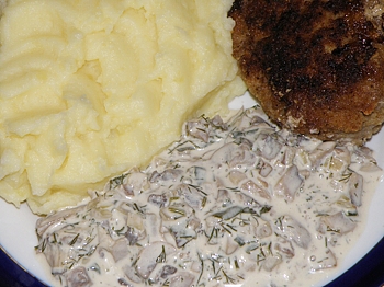 фото вкусных шампиньонов в сметане с сыром на тарелке с гарниром