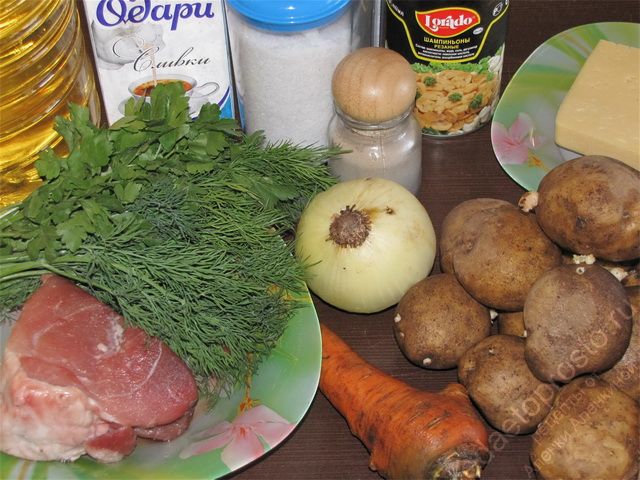 фото исходных продуктов для приготовления картошки с мясом в горшочках в духовке