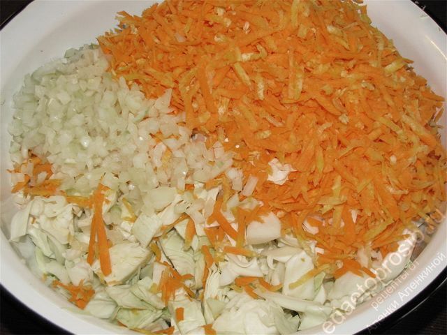 Поместить подготовленные овощи в большую глубокую чашку, пошаговое фото  приготовления салата из капусты с уксусом