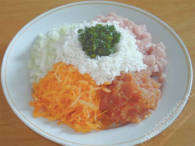 Промоем рис, мелко нарубим мясо и лук, морковь натрем