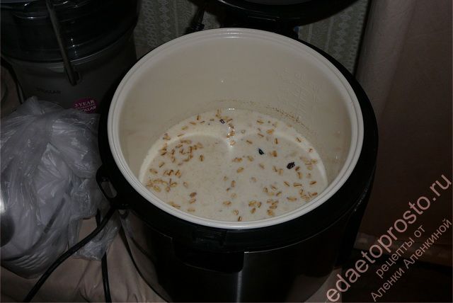 Заливаем все молоком и водой. пошаговое фото этапа приготовления овсянки в мультиварке