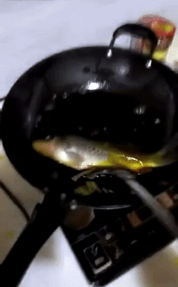 гиф с обжариванием речной рыбы в масле на сковороде