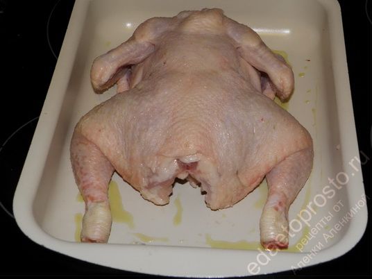 Укладываем курочку на противень, пошаговое фото этапа приготовления курицы в духовке целиком