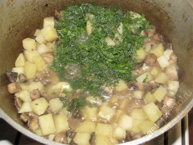 Тушеная картошка с грибами, добавить зелень в казан, фото приготовления