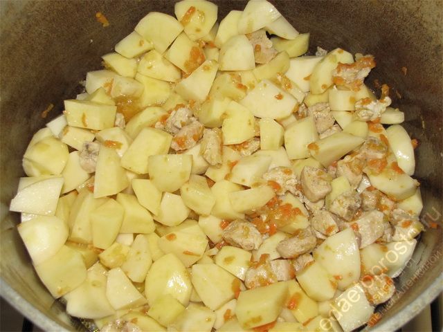 Тушить курицу с овощами под крышкой, фото приготовления жаркого из курицы с картошкой