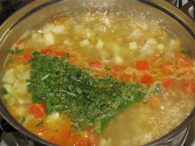 Положить зеленый лук в кипящий овощной суп, пошаговое фото приготовления