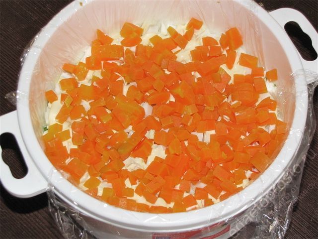 Распределить равномерно порезанную морковь по майонезу