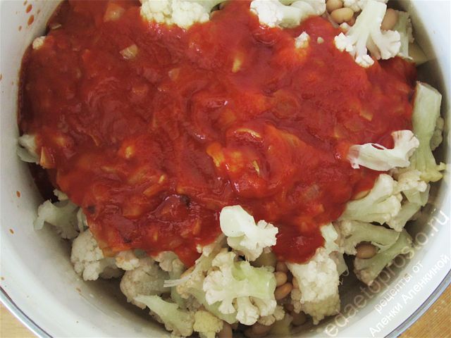 Залить ингредиенты приготовленным томатным соусом, пошаговое фото  приготовления лобио